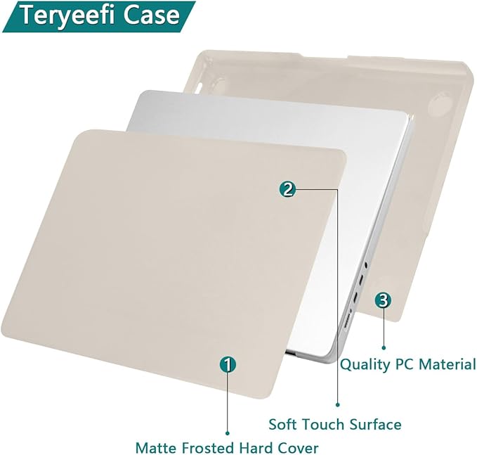 Teryeefi Case Cover for MacBook Pro 16 Inch M4 M3 M2 M1 (2025 2024-2021 Release) A3403 A3186 A2485 A2780 A2991 Model, Matte PC Hard+Keyboard Cover+Screen Protector+Type C Adapter, Beige