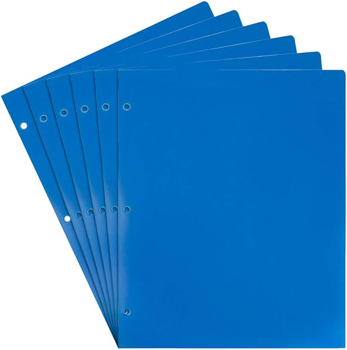 JAM PAPER Heavy Duty Plastic 3 Hole Punch School Folders with Pockets - Blue - 6/Pack