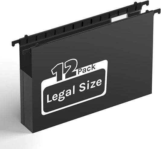 Extra Capacity Legal Size Plastic Hanging File Folders,2" Expanding Accordian Pocket with Black Insert Gasket,Heavy Duty for Filing Cabinet,Hard and Durable Hang Folders,Legal Size,12 Pack(Black)
