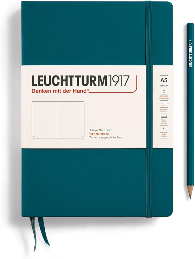 LEUCHTTURM1917 - Notebook Hardcover Medium A5-251 Numbered Pages for Writing and Journaling (Pacific Green, Plain)