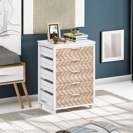 Tribesigns 5 Drawer Chest, Wood Storage Dresser Cabinet with Wheels, Industrial Storage Drawer Organizer Cart for Office Bedroom Entryway (Beige & White, 1 PC)
