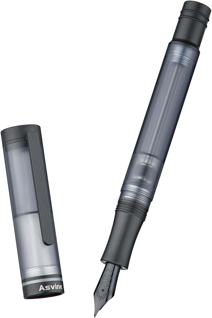 Asvine V200 Titanium Fountain Pen Vacuum Filling, Matte Black Bock Fine Nib Transparent Acrylic Smooth Writing Pen Case Set