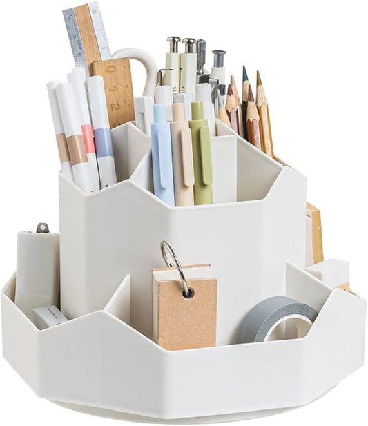 Rotating Art Supply Storage Organizer,Pencil Holder with 9 Compartment, Pen Storage Organizer, for Kids Art Desk, Homeschool Supplies, Home Office Desktop Organizer(White)