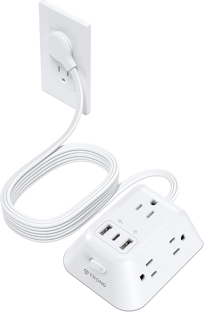 TROND 15ft Long Extension Cord, Ultra Thin Flat Plug Power Strip, 5 Widely-Spaced AC Outlets and 3 USB Ports, 1440J Surge Protector, 3-Sided Wall Mount for Home Office Dorm Room, White