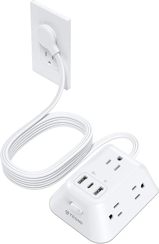 TROND 15ft Long Extension Cord, Ultra Thin Flat Plug Power Strip, 5 Widely-Spaced AC Outlets and 3 USB Ports, 1440J Surge Protector, 3-Sided Wall Mount for Home Office Dorm Room, White