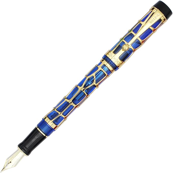 Gullor Century 100 Fountain Pen, Skeleton Hollow-out Series Golden, Screw-Cap, Fine Nib, Transparent Blue