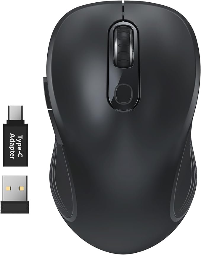 WisFox 2.4G Wireless Mouse for Laptop, Ergonomic Computer Mouse with USB Receiver and Type-C Adapter, 3 Adjustable Levels, 6 Button Cordless Wireless Mice for Windows Mac PC Notebook (Black)