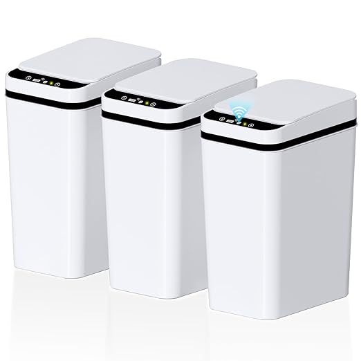 3Pack Bathroom Small Trash Can with Lid, 2.6 Gallon Touchless Automatic Garbage Can Slim Waterproof Motion Sensor Smart Trash Bin for Bedroom, Office, Living Room-White