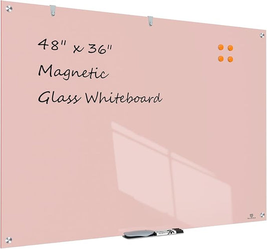 TSJ OFFICE Glass Dry-Erase Board - 48 x 36 Inches Wall Mounted Magnetic Whiteboard, Large Frameless Glass White Board for Office, Home & School, Pink