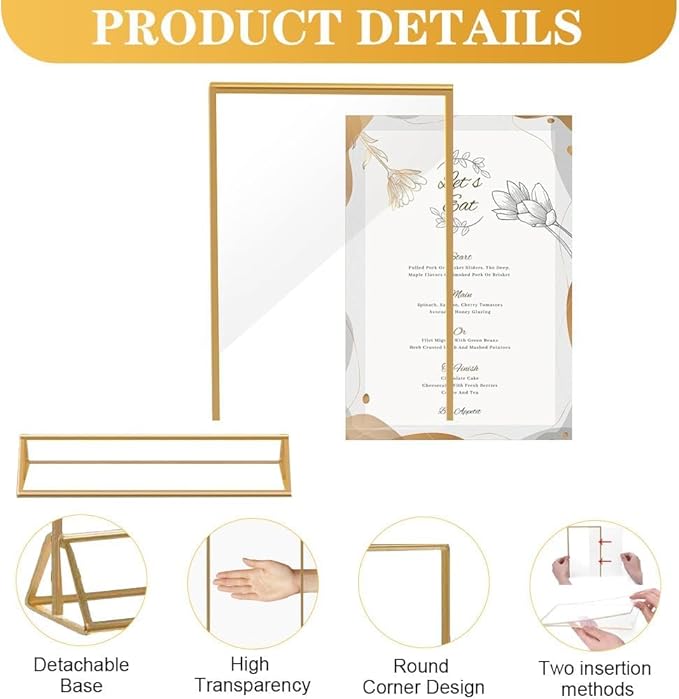 16 Pack Gold Acrylic Sign Holder, 5x7 Inch Picture Frames Wedding Double Sided Display Clear Sign Holders Stand Desktop Table Menu for Wedding Party Restaurant