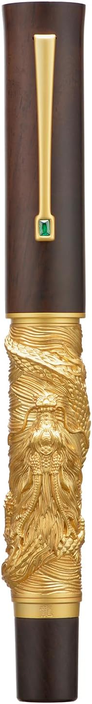 Hongdian N24 Fountain Pen Fine Nib, Golden Dragon Stereoscopic Carving with Red Wood Design