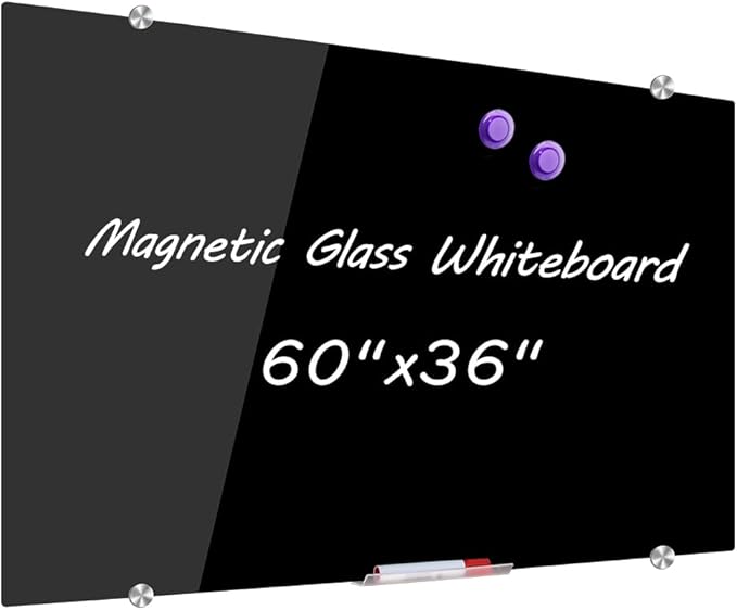 DEVELOP Large Magnetic Black Glass Dry Erase Board, 60 x 36 Inches (150 x 90 cm), Modern Tempered Glass Whiteboard for Wall, Frameless White Board with Marker Tray, 4 Markers, 2 Magnets, 1 Eraser