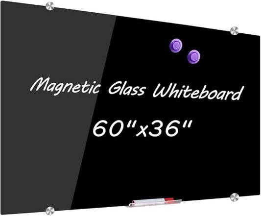 DEVELOP Large Magnetic Black Glass Dry Erase Board, 60 x 36 Inches (150 x 90 cm), Modern Tempered Glass Whiteboard for Wall, Frameless White Board with Marker Tray, 4 Markers, 2 Magnets, 1 Eraser