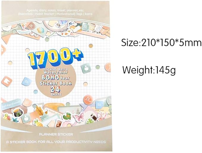 1700+ Planner Stickers Book, 24 Sheets Waterproof Repositionable Stickers for Journal, Bullet Planner, Scrapbook & Calendar, Functional Decorative Sticker Set & Gift (Retro Boho)