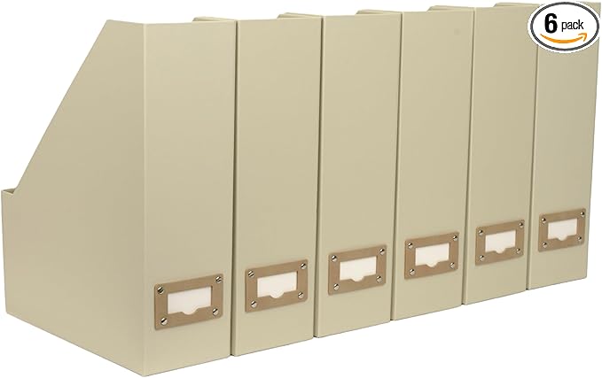 BLU MONACO Set of 6 Foldable Magazine File Holders in Beige Linen – Sturdy Cardboard Vertical Organizers with Label Holders – Stylish Storage Solution for Magazines, Files, and Office Supplies