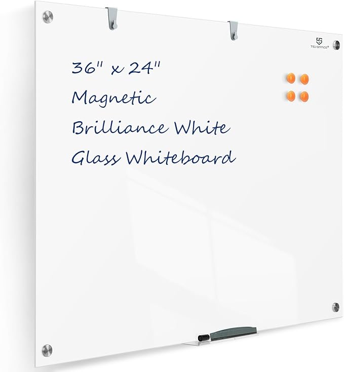 TSJ OFFICE Glass Dry-Erase Board - 36 x 24 Inches Brilliance White Magnetic Glass Whiteboard, Wall Mounted Large Frameless White Board for School, Home & Office