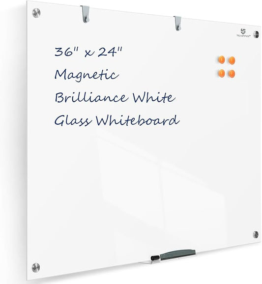 TSJ OFFICE Glass Dry-Erase Board - 36 x 24 Inches Brilliance White Magnetic Glass Whiteboard, Wall Mounted Large Frameless White Board for School, Home & Office