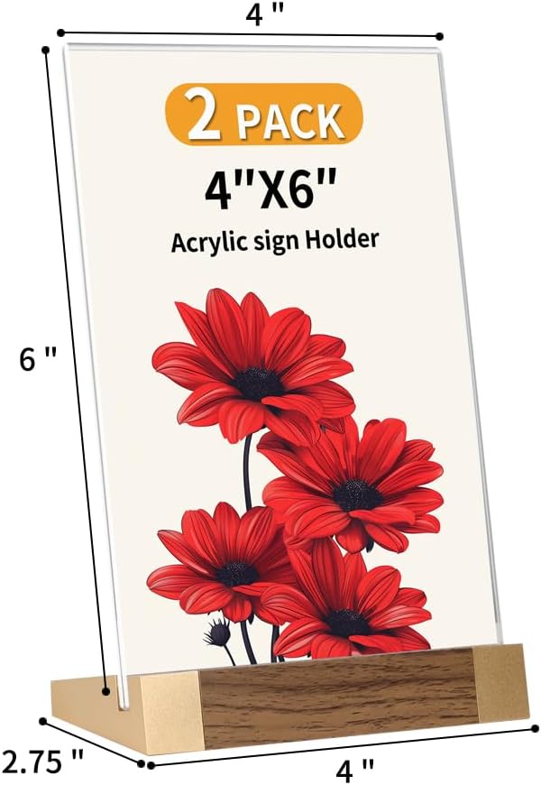 Acrylic Mini Sign Holder 4x6 Inch with Wood-Color Base, Acrylic Tabletop Display Sign Frame Vertical Clear for Store/Coffee Shop/Restaurant Menu Hotel/Office Display Holder, 2 Pack L Shape