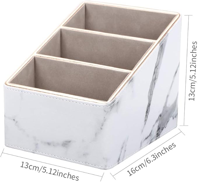 KINGFOM Remote Control Holder with 3 Compartments, Pu Leather Remote Caddy Desktop Organizer for TV, CD, Blu-Ray, Media Player, Heater Controllers and Cosmetics Office Supplies (White Marble)