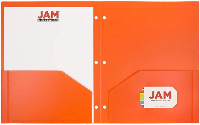 JAM PAPER Heavy Duty Plastic 3 Hole Punch Pocket Folders - Extra Tough School Folders - Orange - 6/Pack
