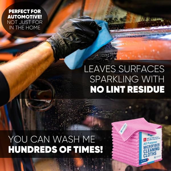 12" x 12" MW Pro Multi-Surface Microfiber Cleaning Cloths | Pink - 12 Pack | Premium Microfiber Towels for Cleaning Glass, Kitchens, Bathrooms, Automotive, Supplies & Products