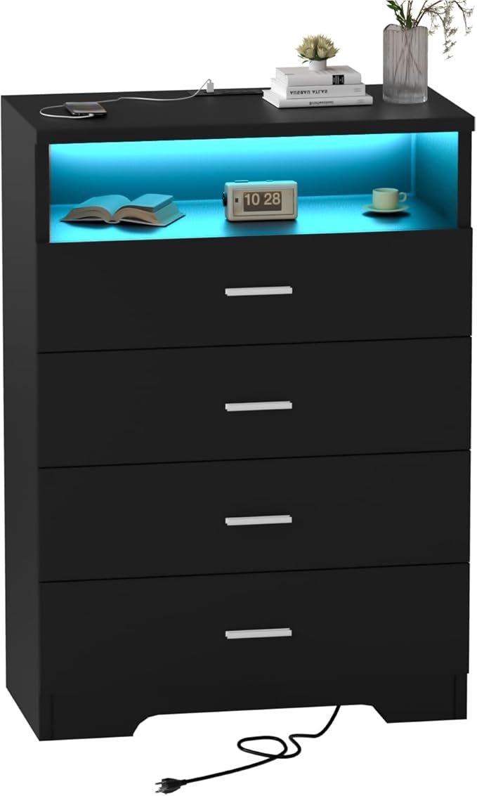 Dresser with Power Outlets and LED Lights Wooden 4 Drawer Dresser with Large Organizer Tall Black Drawer for Bedroom Modern Chest of Drawers Closet for Living Room Kids Room