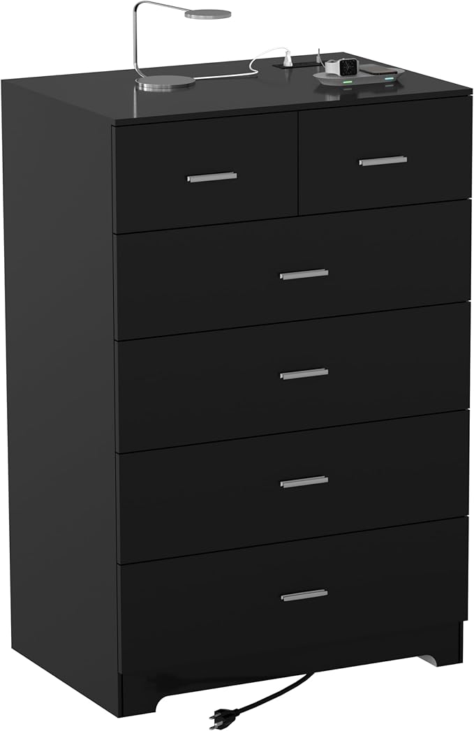 Dresser with Power Outlets Wooden 6 Drawer Dresser with Large Organizer Black Tall Storage Organizer with Smooth Metal Rail Modern Chest of Drawers Closet for Bedroom Hallway