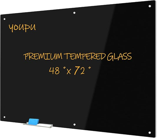 Magnetic Glass Writeboard 72"x48" Premium Tempered Dry Erase Boards Wall Mounted Frameless Whiteboard Bulletin Message Boards (Black)