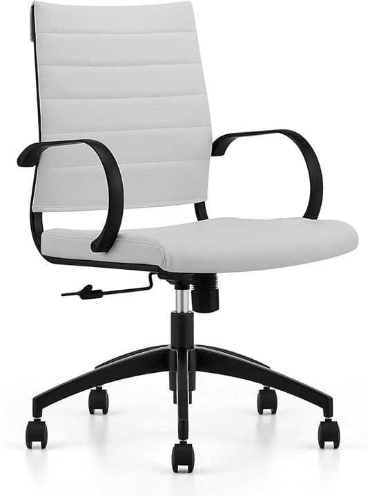 Ribbed Mid Back Conference Room Chairs - Lumbar Support, Modern Executive Home Office Chair - White Leather Seat & Black Aluminum Frame
