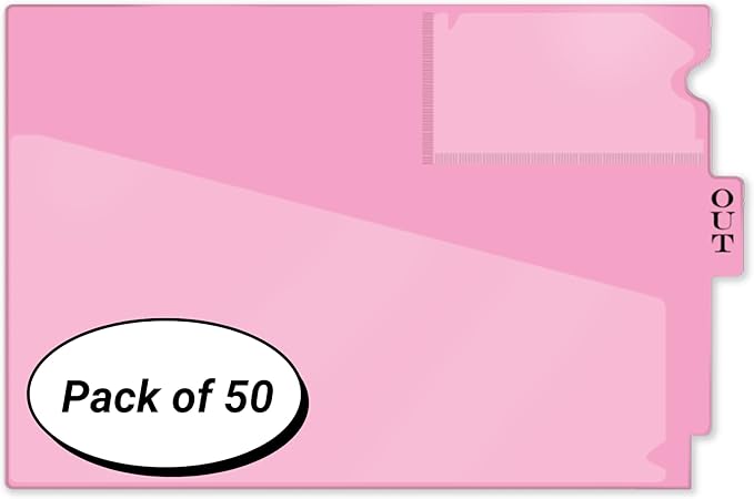 Doctor Stuff - Center Tab Vinyl Outguides, Diagonal Cut Front Pocket, Top Charge Out Slip Pocket, Plastic File Folder, Letter Size 9" x 13-1/4", Pink, 50/Box