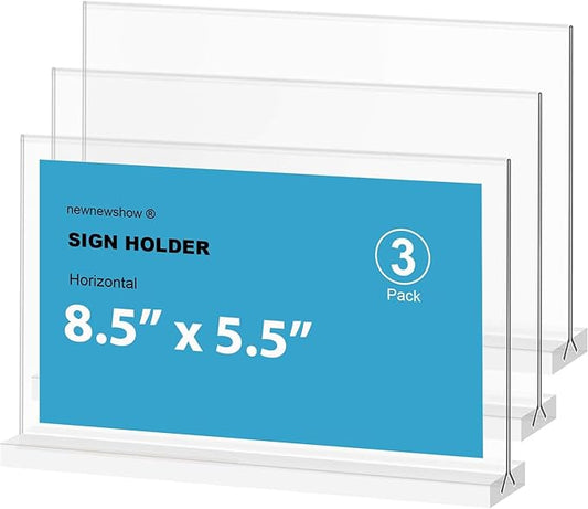 newnewshow Acrylic Sign Holder 8.5x5.5 Inch 3 Pack Horizontal T Shape Double-Sided Desktop Display Holder. (Optional 8.5x11 8.5x5.5 5x7 Horizontal and Vertical)