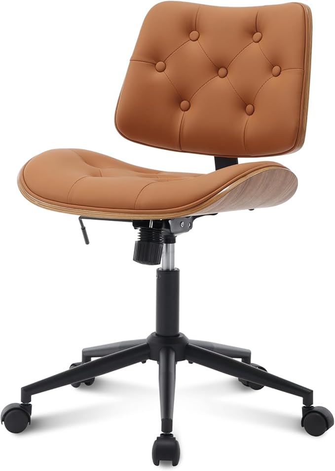 Armless Home Office Chair with Wheels, PU Leather Adjustable Height Computer Desk Chair, 360 Swivel Small No Arms Chair, Modern Button Walnut Style for Office, Reading Meeting Room(Brown)