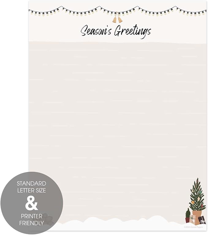 Greenery Seasons Greetings Letterhead / 50 Sheets / 8.5" x 11" Festive Christmas Holiday Paper/Decorative Winter Stationery