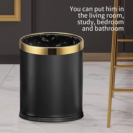 10L/2.6GAL Black and Gold Open Top Trash Can - Metal Trash Bin Without Lid for Office, Hotel, Store, Restaurant
