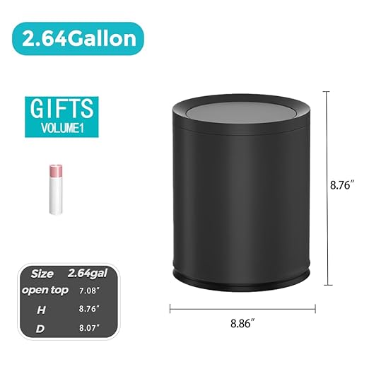 2.6 Gallon/10L Modern Metal Bathroom Trash Can with Lid,Light Luxury,Elegant Waste Basket,Black Garbage Can,for Bathroom,Bedroom,Living Room, Kitchen,Office,Bank (10L-Black)