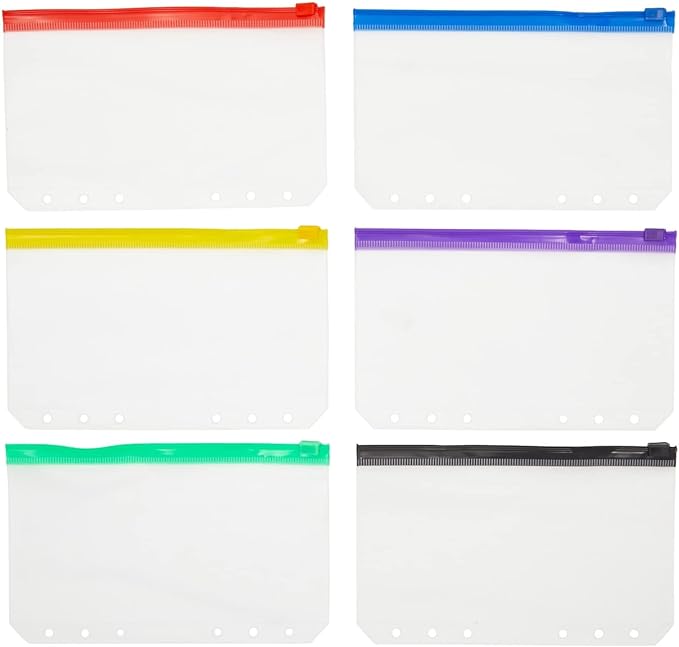 Okuna Outpost Pencil Pouch - A6, Clear Plastic, Double Zipper, 6-Hole, Multicolor, 24-Pack - Binder Pencil Pouches & Money Envelopes for Cash, Teacher Supplies