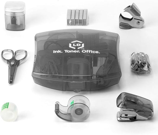 LD Products Black Mini Office Supply Kit Portable Case with Scissors, Paper Clips, Tape Dispenser Set, Pencil Sharpener, Mini Stapler with Staples and Staple Remover