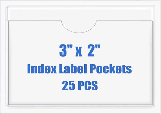 Origin-Joy 25 PCS Self-Adhesive Index Label Pockets, Clear Plastic Peel & Stick Card Holders with Top Open for Loading (3 x 2 inch)