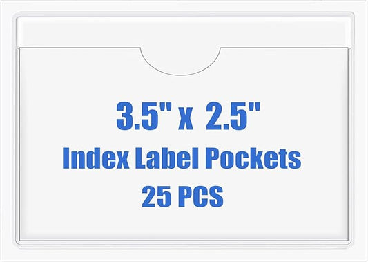Origin-Joy 25 PCS Self-Adhesive Index Label Pockets, Clear Plastic Peel & Stick Card Holders with Top Open for Loading (3.5 x 2.5 inch)