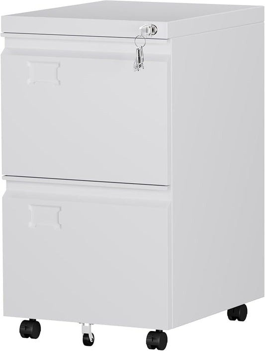 SUXXAN 2 Drawers Mobile File Cabinet, Metal Under Desk Cabinet with Lock, for Office & Home, Legal/Letter Size, W14.57”x D17.36”x H25.79”, Assembly Required(White)