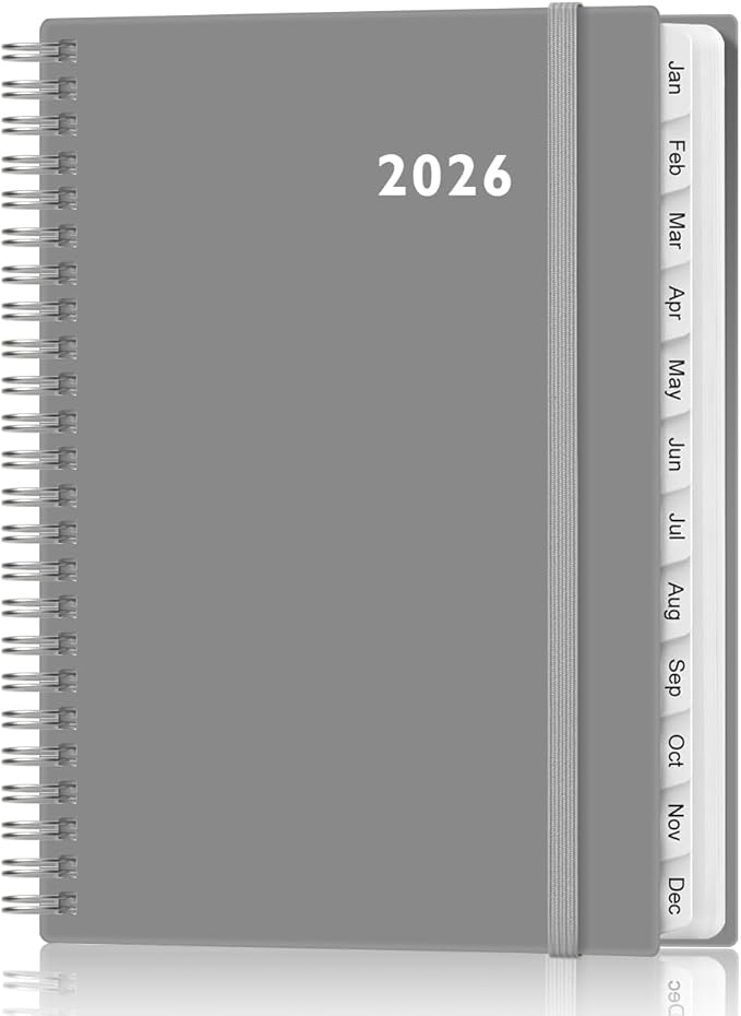 2026 Planner - Weekly and Monthly Calendar Planner from Jan 2026 - Dec 2026, Planner 2026 Spiral Bound with 12 Monthly Tabs, Inner Pocket, Perfect for School Office Supplies, 6.4" x 8.5", Grey-C