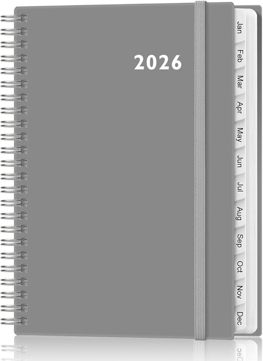 2026 Planner - Weekly and Monthly Calendar Planner from Jan 2026 - Dec 2026, Planner 2026 Spiral Bound with 12 Monthly Tabs, Inner Pocket, Perfect for School Office Supplies, 6.4" x 8.5", Grey-C