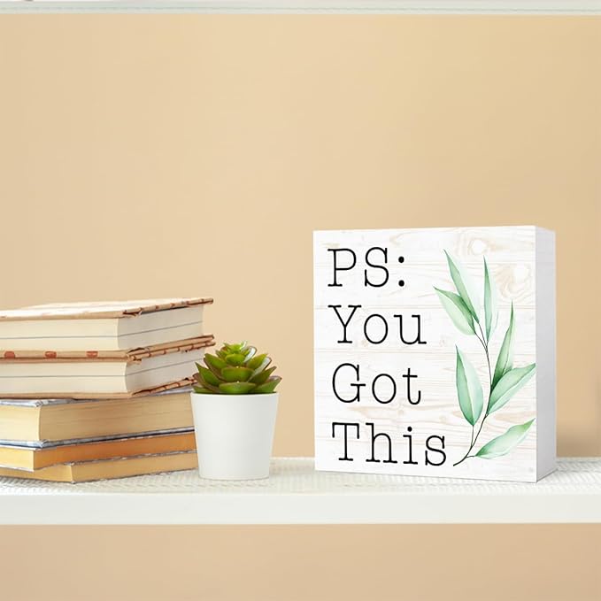 You Got This Sign Wood Box,Funny Inspirational Quote Wooden Block Sign for Home Office Tabletop Shelf Decor 5" x 5",Motivational Desk Decor Accessories for Women