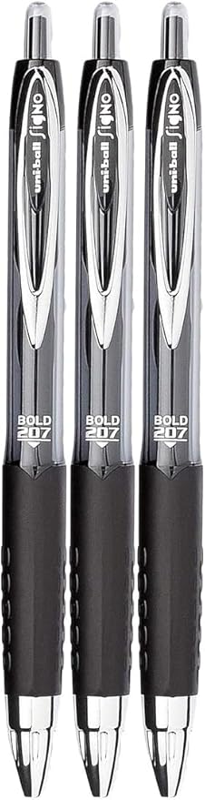 Signo 207 Roller Ball Retractable Gel Pens, Bold Point (1.0mm), Black Ink, 3 Count, Bundle with Plastic Reusable Pouch
