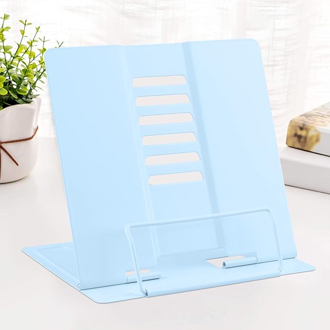MSDADA Desk Book Stand Metal Reading Rest Book Holder Adjustable Document Holder Portable Sturdy Bookstands for Textbooks,Music Books,Recipe,Mobile Phone (Macaron Blue)