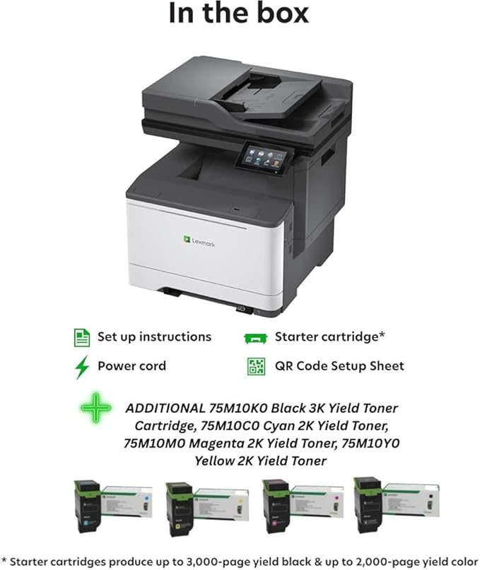 Lexmark CX532adwe Color Laser Wireless All-in-One (50M7040) Bundle with 75M10K0 Blk 3K Yield Toner, 75M10C0 Cyan 2K Yield Toner, 75M10M0 Magenta 2K Yield Toner, 75M10Y0 Yellow 2K Yield Toner