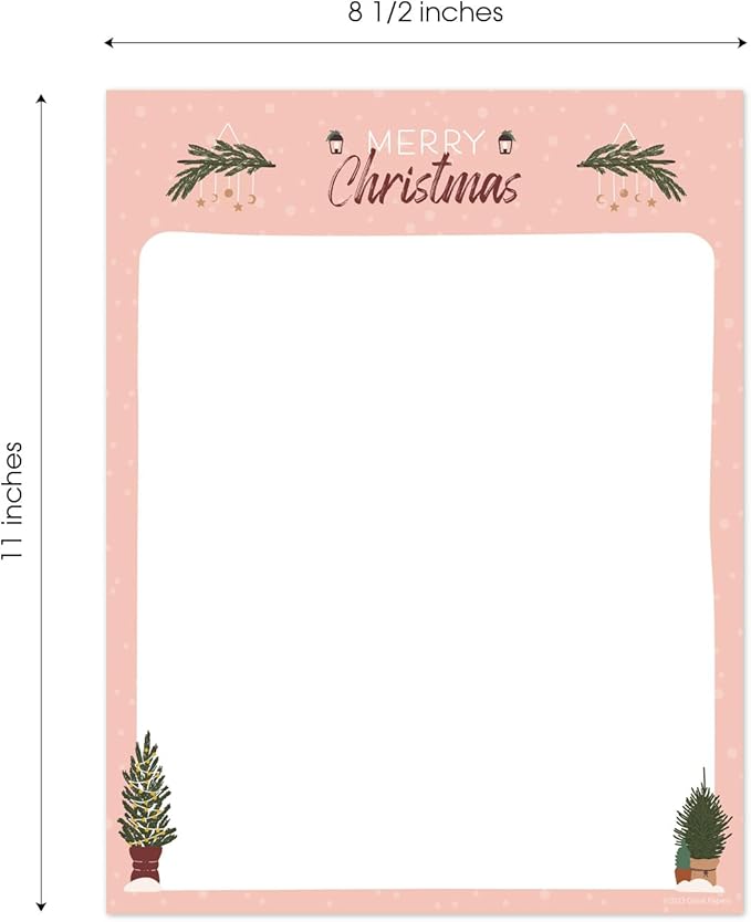 Greenery Merry Christmas Pink Letterhead / 50 Sheets / 8.5" x 11" Festive Tree Holiday Paper/Decorative Modern Winter Stationery Letterhead
