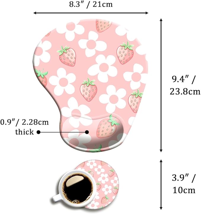 Ergonomic Mouse Pad with Wrist Support,Mouse Pad with Wrist Rest and Coaster Set,Office Supplies Non-Slip Mouse Pads for Desk, Non-Slip Comfortable,Pink Floral Kawaii