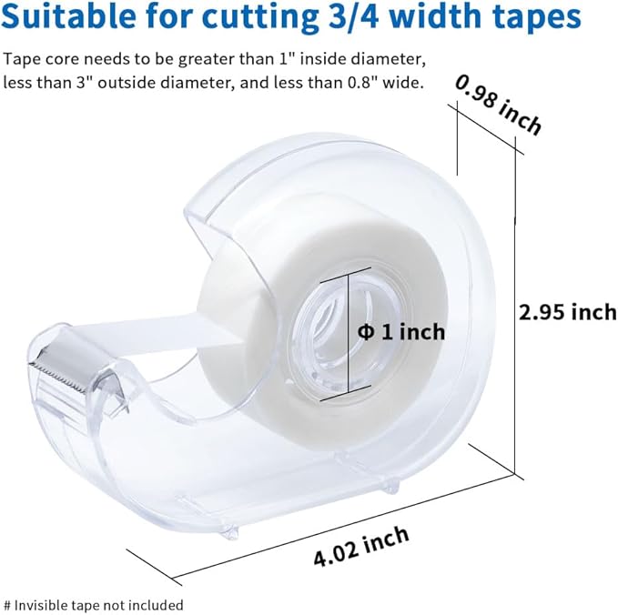 Hand Use Desktop Tape Dispenser, Transparent Plastic Lightweight and Portable Refillable Dispenser for 3/4" Tape, 1 Pack