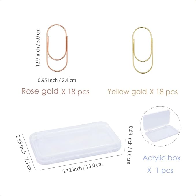 OWLFAVO 36pcs 2inch Jumbo Paper Clips with Clear Box, Rose Gold and Yellow Gold, Funny Cute Paperclips Bookmarks Planner Clips for Fun Office Supplies School Gifts Wedding Decoration